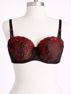 Chantelle 38D Black Red Lace Embroidered Bra Sheer Balconette Sexy